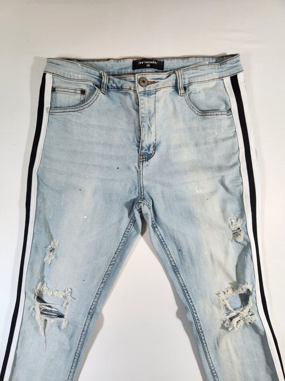 Serenede Mens Light Distressed Jeans 36x32 Skinny White/Black Stripe Ripped Logo